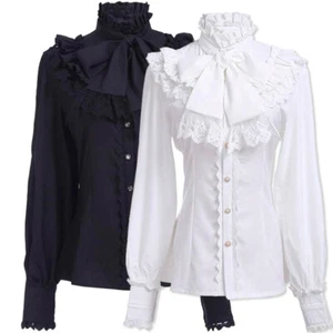 Women High Collar Neck Bow Lace Lolita Blouse Victoria Costume Long Sleeves - Picture 1 of 14