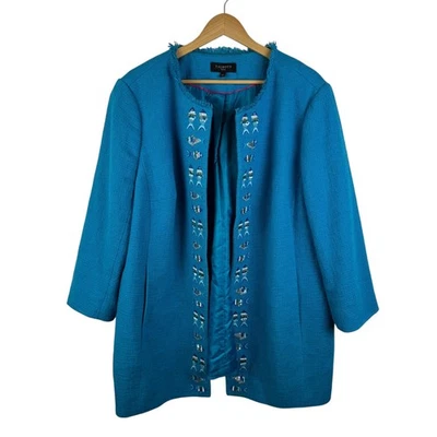 Chaqueta de tweed Talbots Fish adornada con cuentas talla 18W azul frente abierto preppy Foto 1 de 4