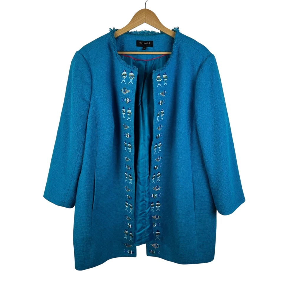 Talbots Fish Beaded Embellished Tweed Jacket Size 18W Blue Open Front Preppy - Image 1 of 4