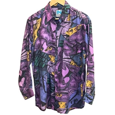 Vintage 90s In Private Abstract Rayon Button Up Shirt Purple Teal Yellow Small - Image 1 of 4