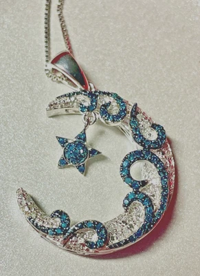 Colar Diamond Treasures prata esterlina azul branco diamante lua estrela SHOPHQ - Imagem 1 de 4