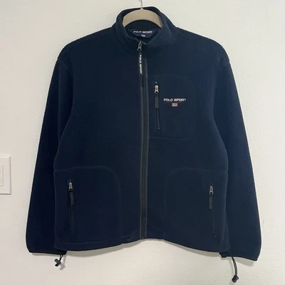 Jaqueta polo esportiva masculina Ralph Lauren vintage média azul lã anos 90 feita nos EUA - Imagem 1 de 4