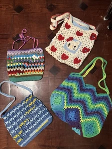LOT -4 Crochet Granny Square Shoulder Tote Bag Hello Kitty Handmade BOHO Chevron - Picture 1 of 10