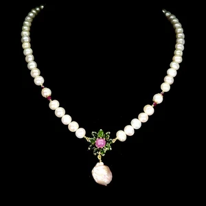 925 Sterling Silver Necklace Oval Ruby 8x7mm Chrome Diopside Pearl Gemstone 18in - Picture 1 of 13