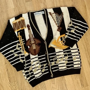 Belle Pointe Size XL Knit Music Cardigan Maximalist Music Instruments *Flaws* - Picture 1 of 12