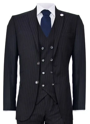 Mens 3 Piece Suit Gatsby 1920s Peaky Blinders Gangster Pinstripe Tailored Fit - Image 1 of 4