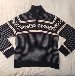 Tommy Hilfiger Herrenpullover mit 1/4 Reißverschluss Fair Isle nordischer Druck L blau rot dick gestrickt - Bild 1 von 8