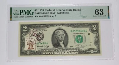1976 KATY TEXAS - PMG Choice UNC 63 Two Dollar $2 Note with Stamp #35020F - Image 1 of 2