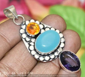Chalcedony Amethyst Citrine Gemstone Pendant U279-A107 - Picture 1 of 1