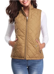 Fuinloth Women's Quilted Vest, Stand Collar Lightweight Zip Padded Large - Picture 1 of 5