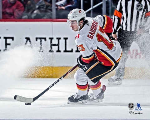 Johnny Gaudreau Calgary Flames Unsigned White Jersey Skating Photograph Cover