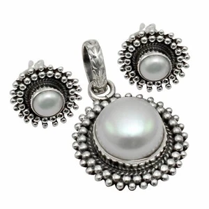 Colgante de plata de ley 925 maciza de perlas + conjunto de pendientes joyas ST-095 - Imagen 1 de 1
