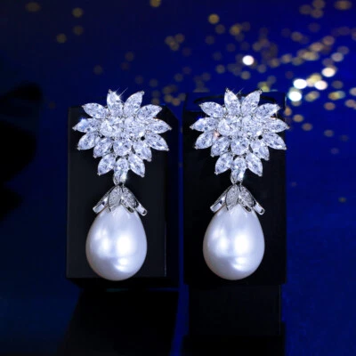Shiny Silver Plated CZ Flower Leaf Pearl Dangle Earrings Cubic Zirconia Jewelry - Image 1 of 4