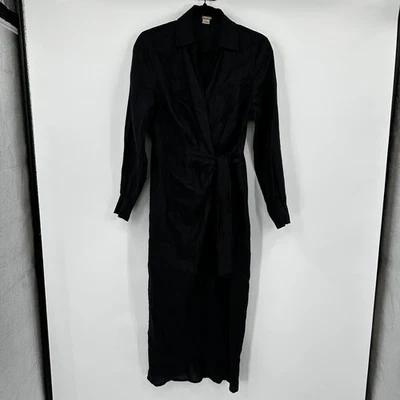 Vestido midi envolvente de lino negro Magaschoni manga larga lazo cintura talla 4 Foto 1 de 4