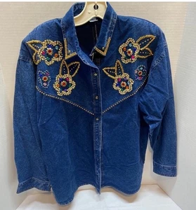 Vtg Pretty Bleu 90s Acid Wash Denim Beaded Jewels Embellished Shacket Size L - Picture 1 of 8