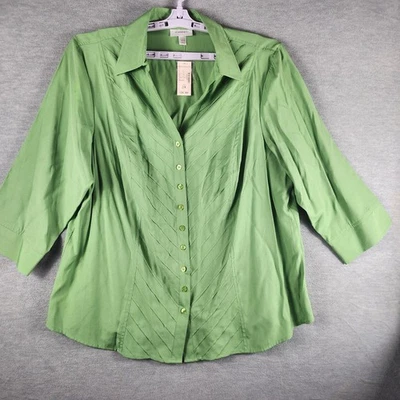 Dressbarn Shirt Womens 2X Green Pintuck Button Front 3/4 Sleeve Collared Blouse - Image 1 of 4
