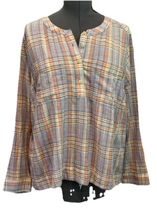 LL Bean Shirt Womens 2X Lavender Plaid Button Up Preppy Henley Collar Pockets - Picture 1 of 9