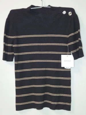 全新 Ellen Tracy 黑色棕褐色条纹短袖套衫毛衣上衣,尺寸 M — 第 1/4 张图片