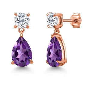 18K Rose Gold Plated Silver Amethyst and White Topaz Teardrop Dangle Drop - Picture 1 of 4