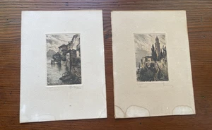 Par de serigrafías antiguas coloreadas a mano STURM ciudades europeas y escenas del río abadía - Imagen 1 de 7