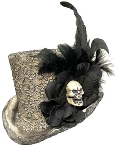 Gothic Wedding Top Hat Black Ivory Satin lace Roses Skull Victorian Bridal Veil - Picture 1 of 6