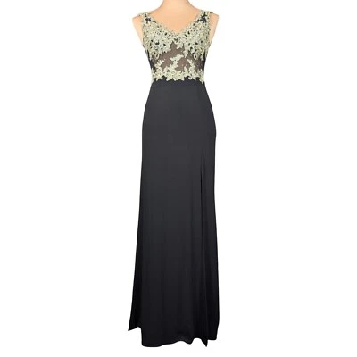 Blondie Nights Black Formal Gown Evening Dress Sz 1 Gold Lace Illusion Slit Maxi - Image 1 of 4