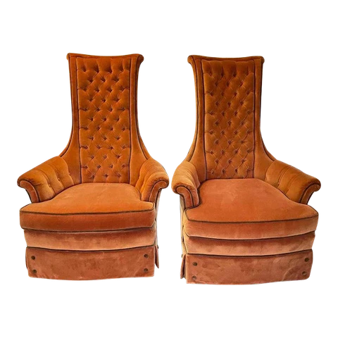 Unique Hollywood Regency MCM Throne Chair Pair Orange Brown 2 Vintage Tufted Cover