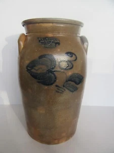 Antique I. M. Mead 3 Gal., Ohio, Blue Paint Stoneware Handled Crock (Hairline) - Picture 1 of 24