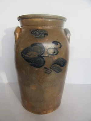 Antique I. M. Mead 3 Gal., Ohio, Blue Paint Stoneware Handled Crock (Hairline) - Image 1 of 4
