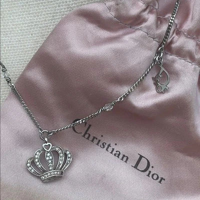 Christian Dior Tono Plata Corona Collar Estrás "Dior" Dije 15-17" Cadena Foto 1 de 4