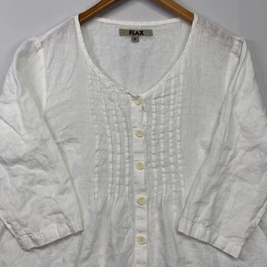 FLAX Brand Top Sz Small White 100% Linen Woven Tunic Long Sleeves Front Pockets - Picture 1 of 12