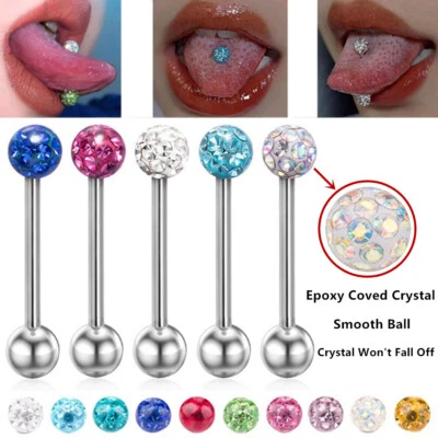 6X Crystal Steel 16/19/22mm Tongue Bar 6mm Ball Nipple Ring Barbell Piercing Set - Image 1 of 4