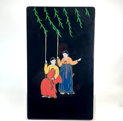 Arte con incrustación de esmalte coreano 21" panel firmado laca Maj Kisung Lee Hanbok para damas Foto 1 de 4