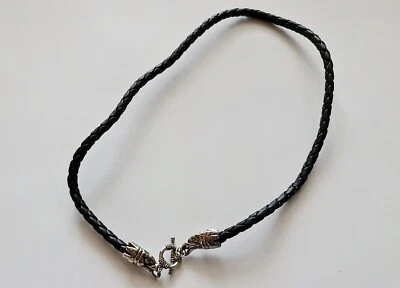 VINTAGE AUTHENTIC BLACK LEATHER AND EAGLE HEAD METAL  NECKLACE - Image 1 of 4