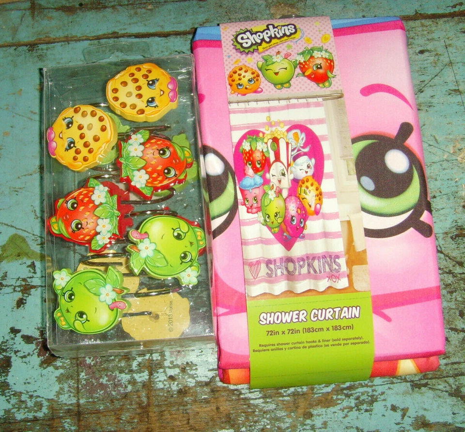 NEW Shopkins Shower curtain & Shower Curtains Rings SET girls bath novelty decor - Image 1 of 1