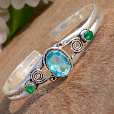 Brazalete para hombre London de plata de ley 925 con topacio azul y piedras preciosas de diopsido cromado Foto 1 de 4