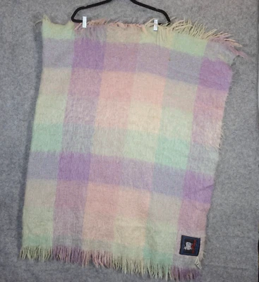 Mohair Throw Blanket Plaid Fuzzy Purple Green Woolmark Tag CHEVRE by ROBIN 68/44 - Image 1 of 4