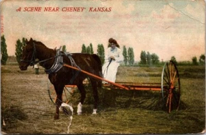 Postcard A Scene Near Cheney Kansas Lady Farming SEE Condition Issues Antique - Bild 1 von 2