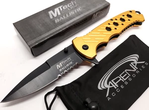Serrated EDC Blade Pocket Knife Flipper Skeletonized Gold Spring Assisted - Picture 1 of 4