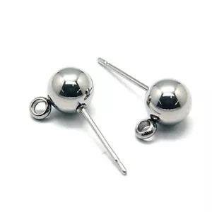 100pcs 304 Stainless Steel Ball Earring Posts Smooth Stud Findings w/ Loop 17mm - Picture 1 of 2