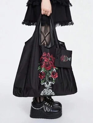 New 20” SKULL & RED ROSES Handbag SKELETON Purse Tote BLACK Travel Bag - Image 1 of 4