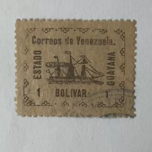 1903 VENEZUELA GUYANA 1 BOLIVAR STAMP BLUE DOUBLE RING CANCEL, POSSIBLE FORGERY - Picture 1 of 2