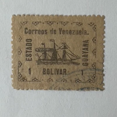 VENEZUELA GUYANA 1903 SELLO DE 1 BOLÍVAR ANILLO DOBLE AZUL CANCELAR, POSIBLE FALSIFICACIÓN Foto 1 de 2