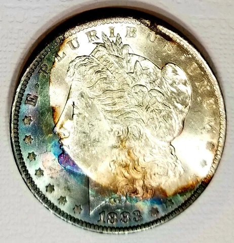 1883-O Morgan Dollar Choice BU Rainbow Bag Toned Obverse Pretty Coin Cover
