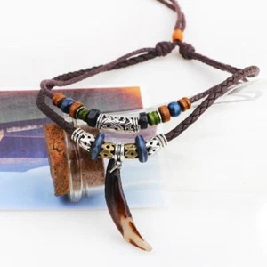 Collar De Diente De Lobo Vintage Para Hombres De Cuerda De Cuero Multicapa Nuevo - Imagen 1 de 12