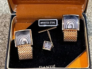 1950’s NOS - MEN'S CUFF LINKS, Grey Marbled Stone * BY DANTE * NIB + Tie Clasp! - Picture 1 of 3