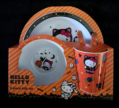 Hello Kitty Halloween Black Cat 5 Piece Kids Dinnerware Set Melamine Sanrio Gift - Image 1 of 4