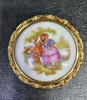 Limoges French Porcelain Courting Couple Fragonard Style Brooch  Lot#721 - Image 1 of 4