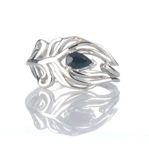 Sterling Silver Sapphire Ring Size J-T Adjustable Ink Blue Peacock Feather - Picture 1 of 14