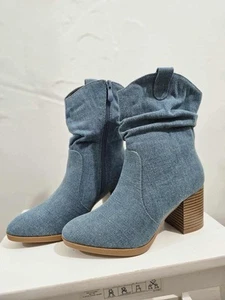BNIB Blue Denim look Slouch Wood-style heeled Cowboy Ankle Boots - Picture 1 of 7